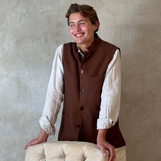 Loose fitting summer weight Nehru Style gilet in brown silk matka. Handmade in London. Standing Buttoned View.