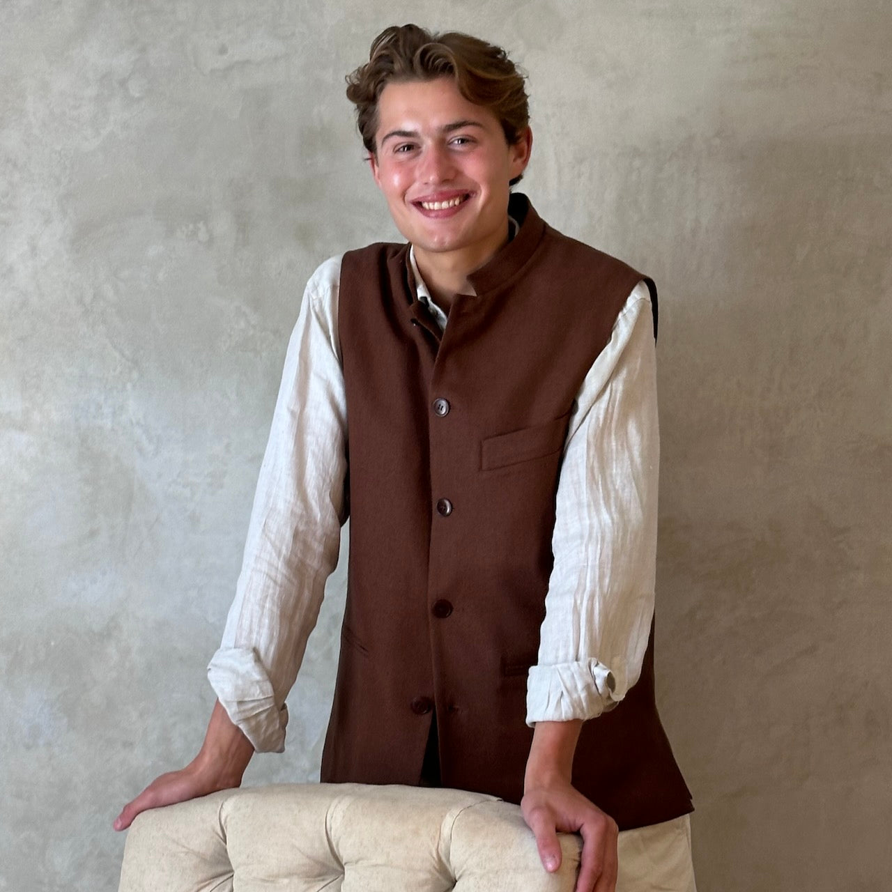 Loose fitting summer weight Nehru Style gilet in brown silk matka. Handmade in London.