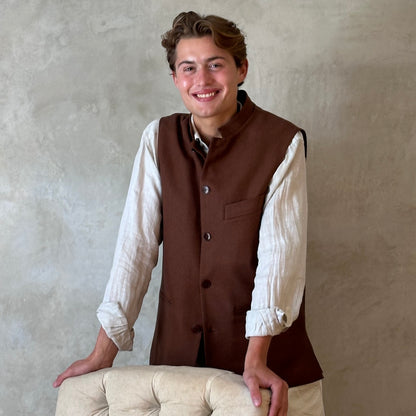 Loose fitting summer weight Nehru Style gilet in brown silk matka. Handmade in London.