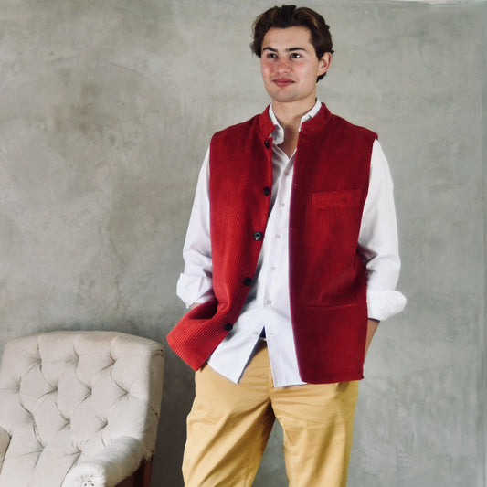 Classic Cut Waistcoat in Claret Corduroy