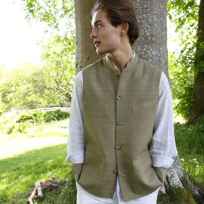 42" Classic Cut Waistcoat in Khaki Silk Matka