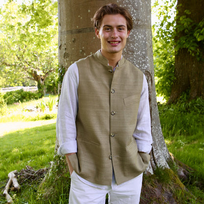42" Classic Cut Waistcoat in Khaki Silk Matka