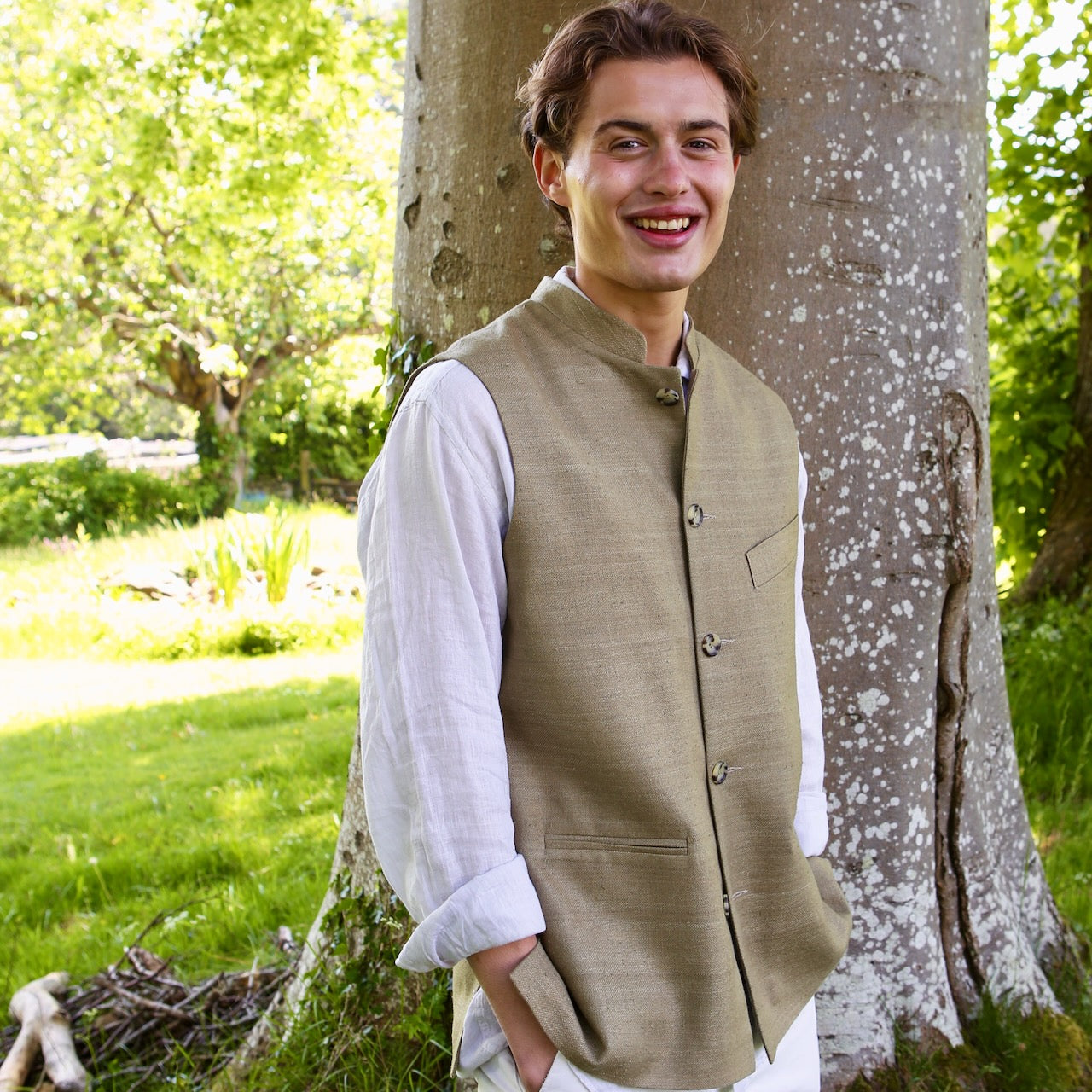 42" Classic Cut Waistcoat in Khaki Silk Matka