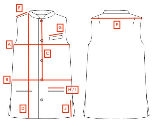Detailed Size Chart for Bespoke Loose Cut Nehru Gilet with Mandarin Collar. Pattern Sketch. Made by Hand in London.