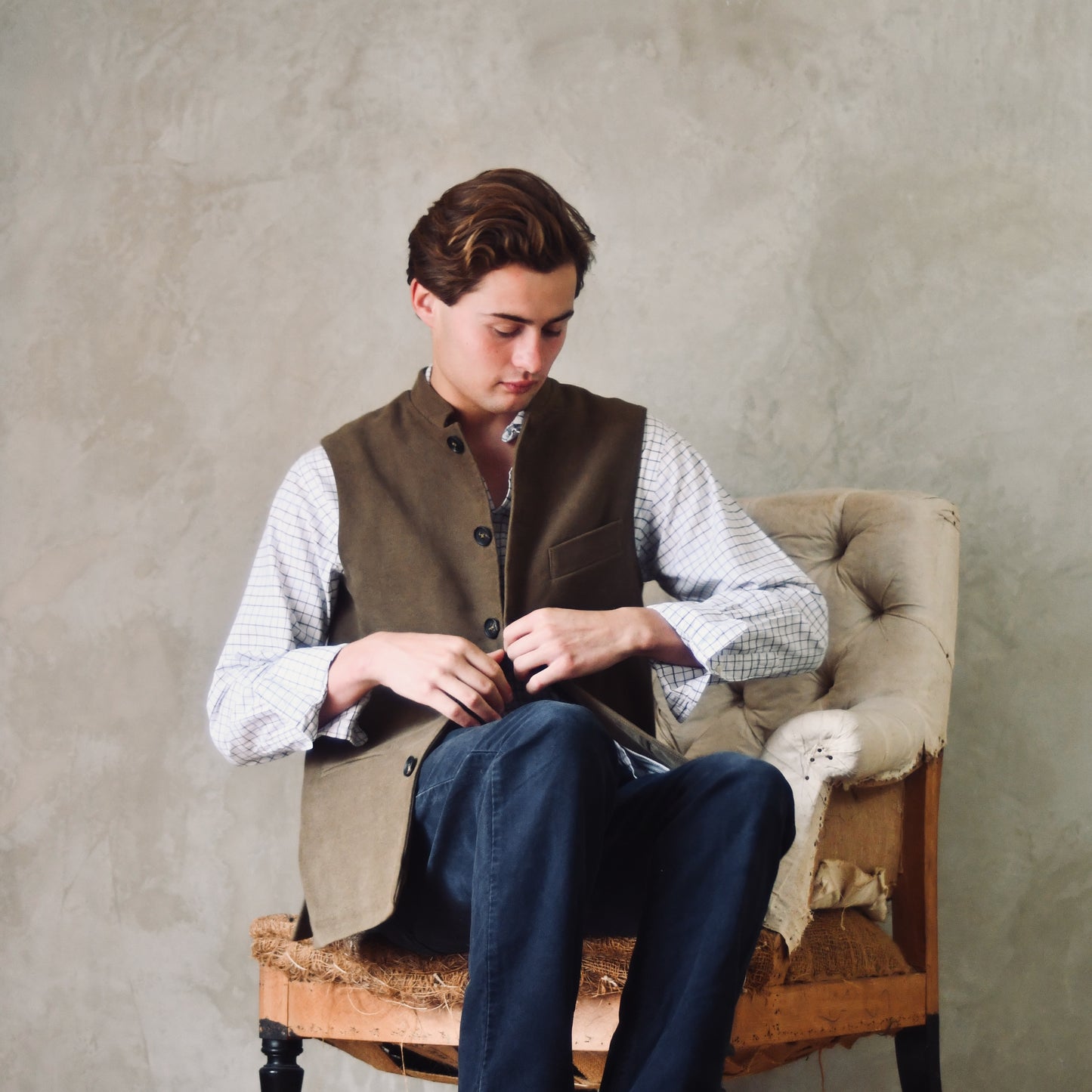 Classic Cut Waistcoat in Khaki Moleskin
