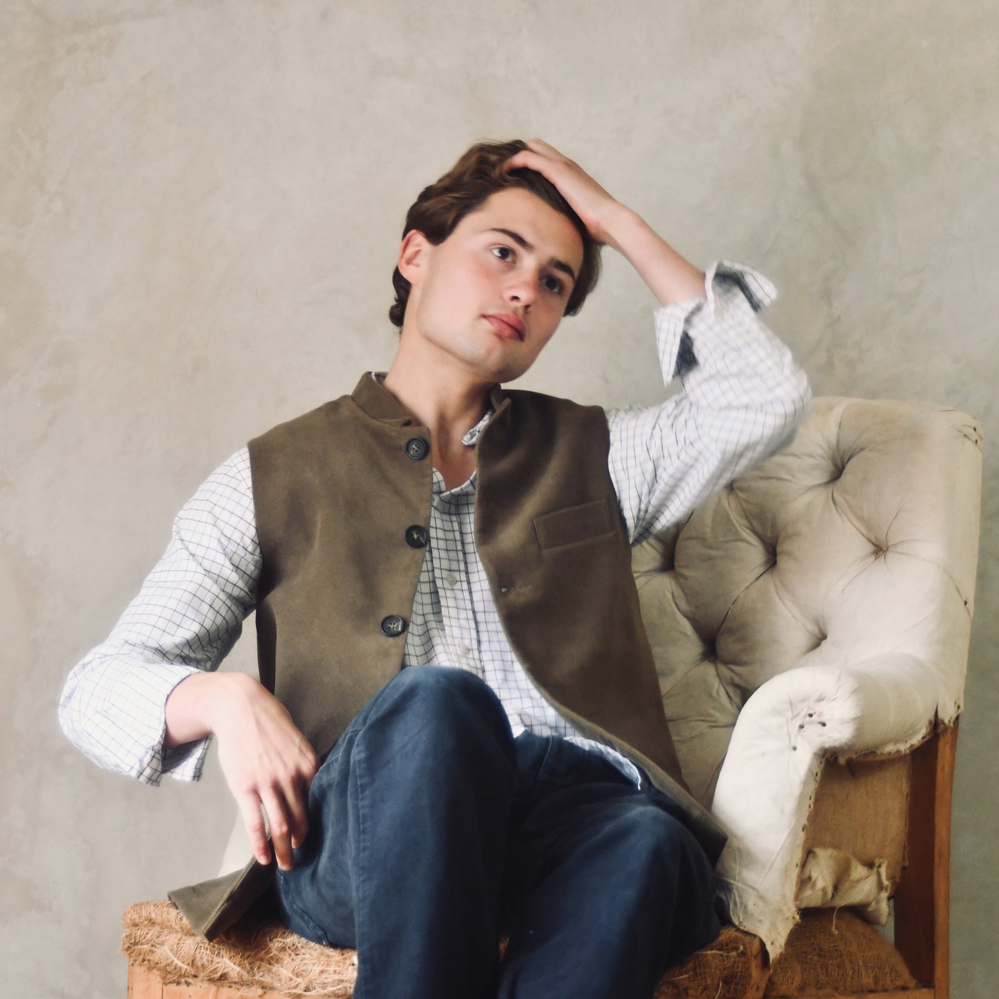 Classic Cut Waistcoat in Khaki Moleskin