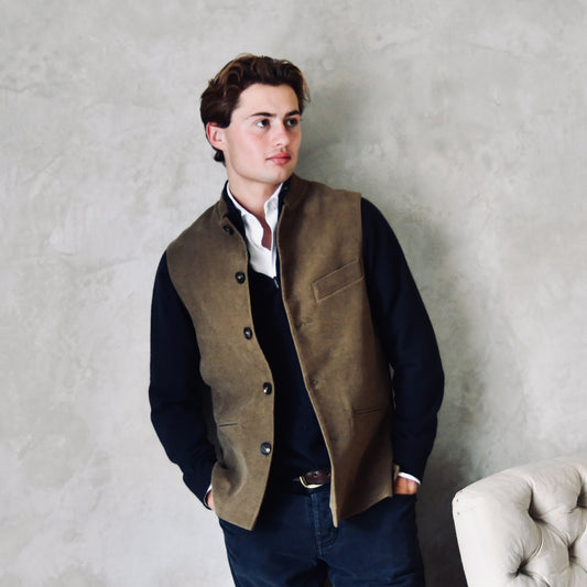 Classic Cut Waistcoat in Khaki Moleskin