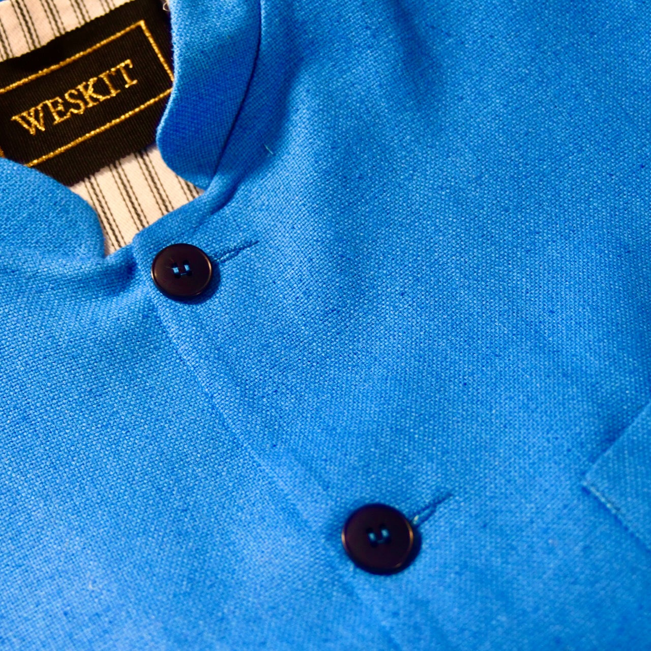 Bespoke Summerweight Silk Matka Nehru Style Gilet - Sky Blue. Neck Detail.