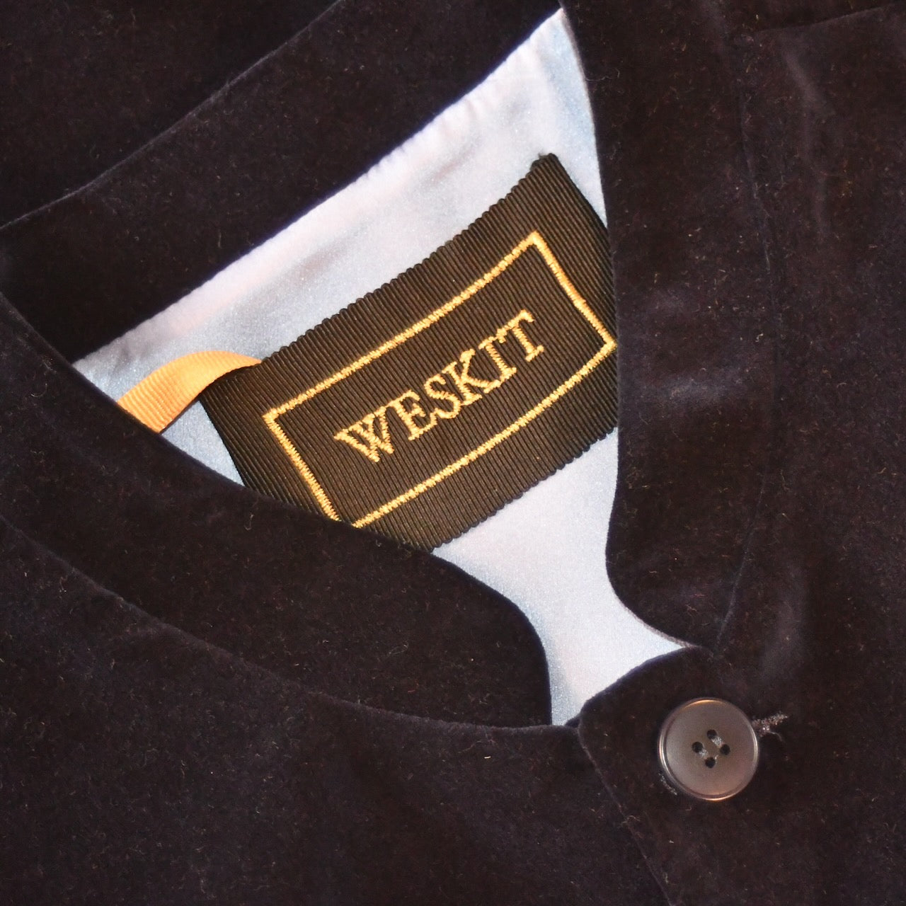 Mandarin Collar detail on Dark Navy Velvet Gilet.
