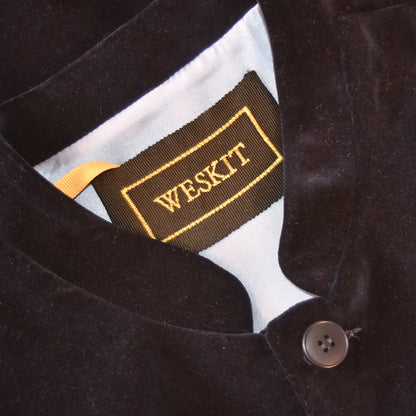 Mandarin Collar detail on Dark Navy Velvet Gilet.