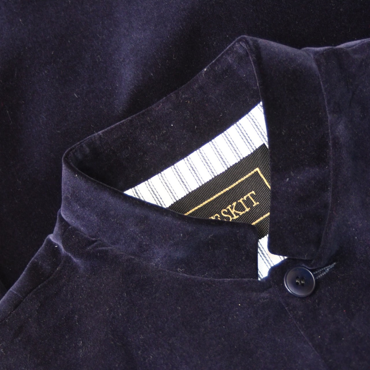 Collar Detail on Fabric Detail on Dark Navy Velvet Nehru Style Gilet. Handmade in London.