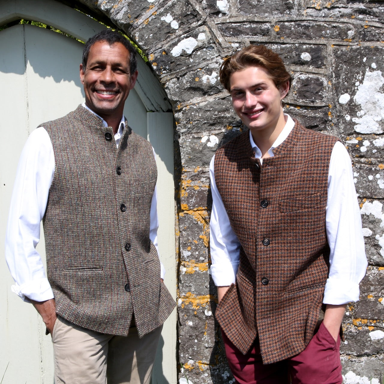 Fitted Cut Nehru-Style Gilet in Copper Check Lovat Tweed A tailored cut waistcoat imade up in a wonderfully deep coppery checked British Wool tweed by Lovat Mill. An incredibly warm and well-made tweed in a stunning, unusual and very wearable heathery colour which bears green, russet brown, and blue checks against a dark straw background. Shown with Small blue lovat check waistcoat.