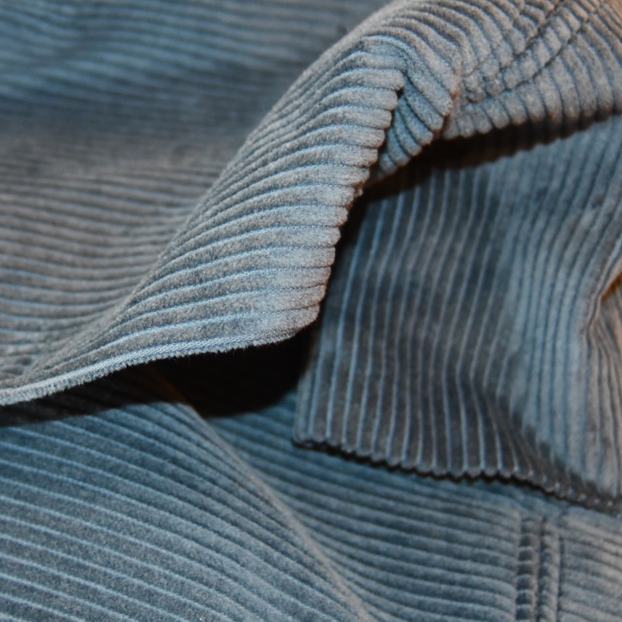 Fabric Close up on Teal Blue Corduroy Nehru Style Gilet. Handmade in London. Pure Cotton.