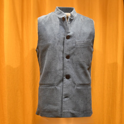 Teal Blue Corduroy Nehru Style Gilet. Handmade in London. Pure Cotton.