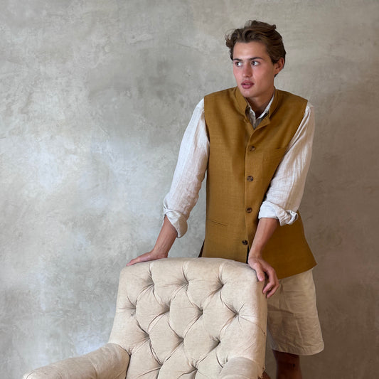 Tailored Cut Waistcoat in Darker Straw Silk Matka