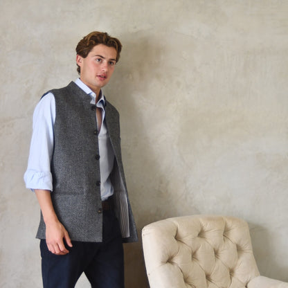Tailored Cut Waistcoat in Dark Blue and Grey Tiger Eye Tweed