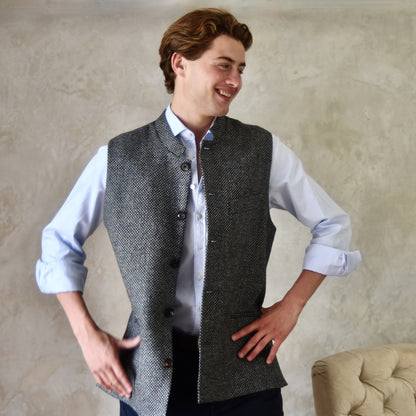 Tailored Cut Waistcoat in Dark Blue and Grey Tiger Eye Tweed