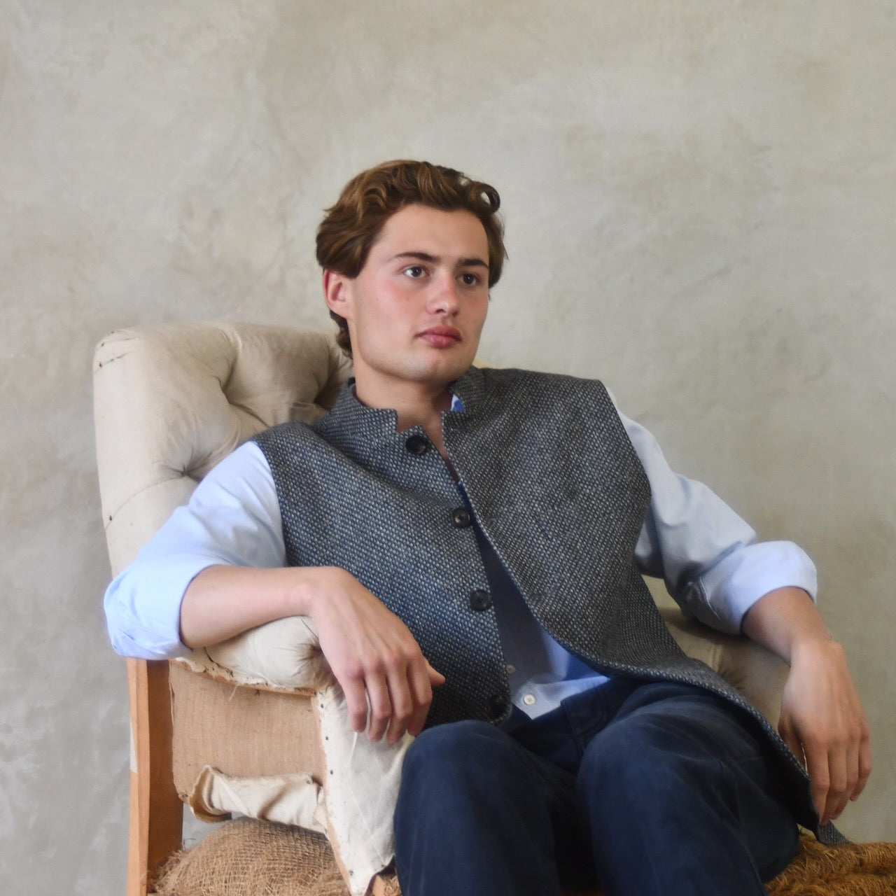 Tailored Cut Waistcoat in Dark Blue and Grey Tiger Eye Tweed