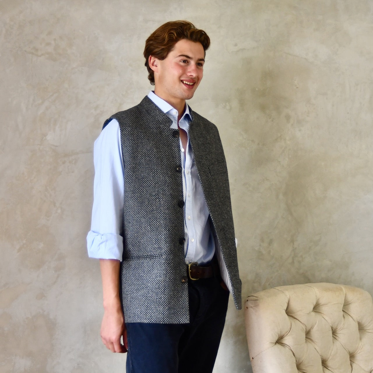 Tailored Cut Waistcoat in Dark Blue and Grey Tiger Eye Tweed
