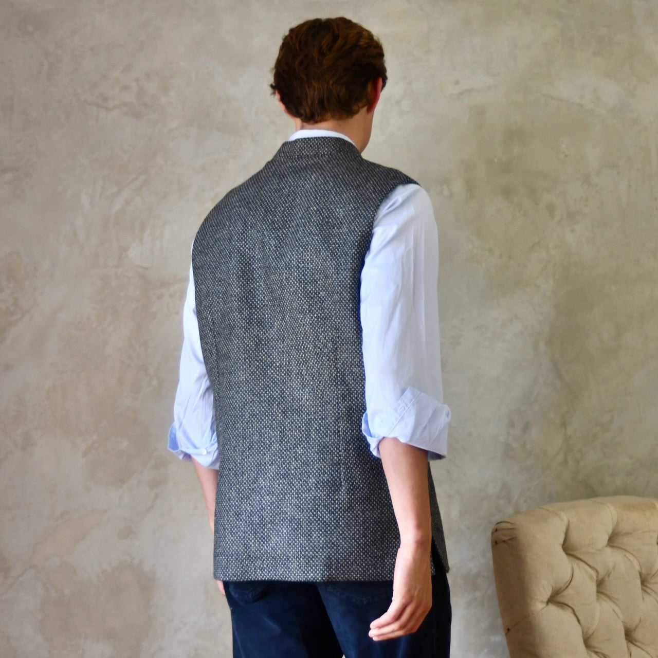Tailored Cut Waistcoat in Dark Blue and Grey Tiger Eye Tweed