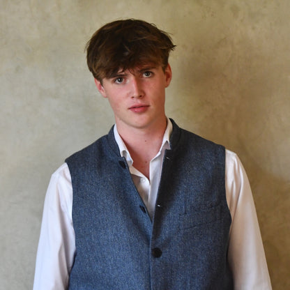 40" – Classic Cut Waistcoat in Denim Blue Herringbone Lambswool Tweed