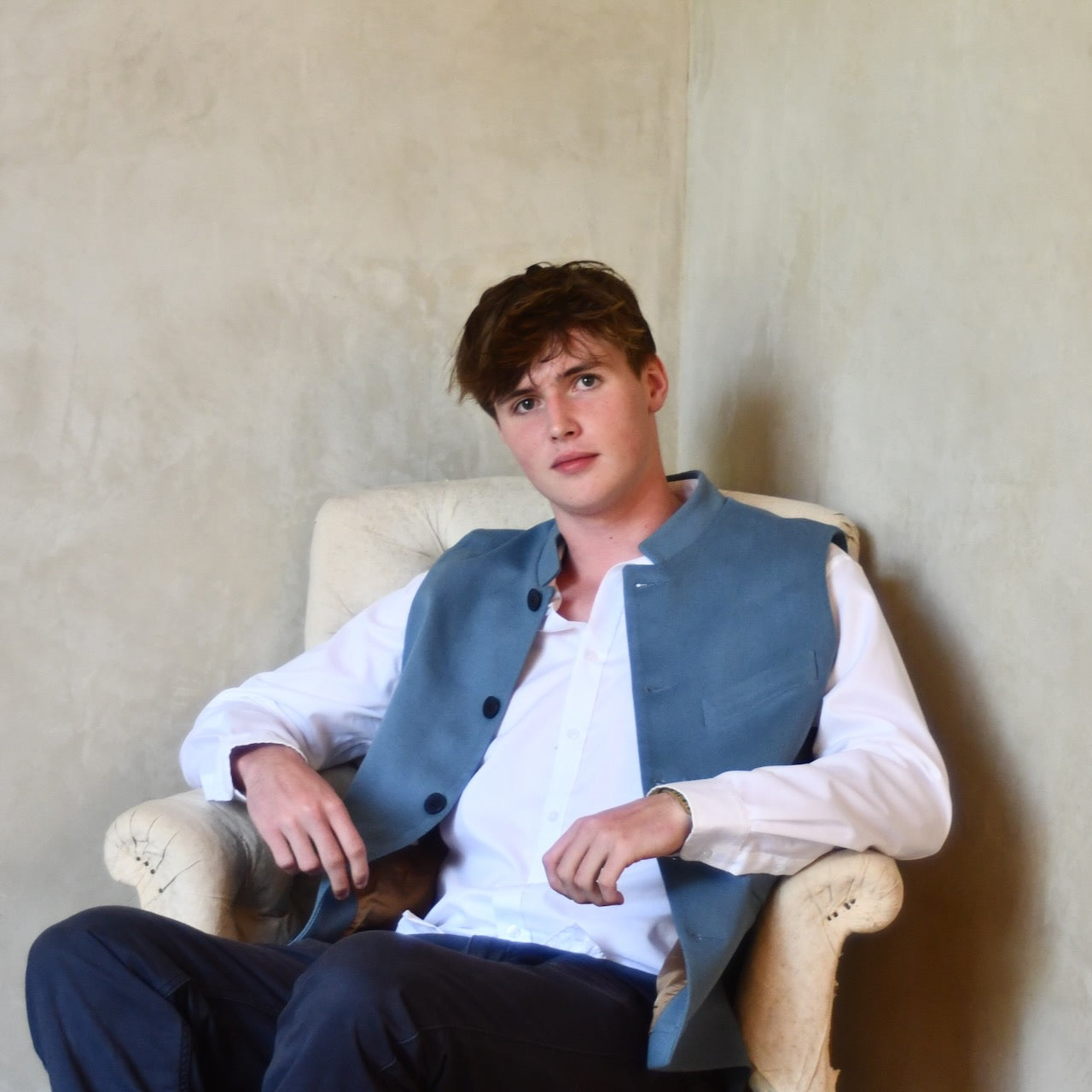Tailored Cut Waistcoat in Minerva Blue Merino Wool Doeskin