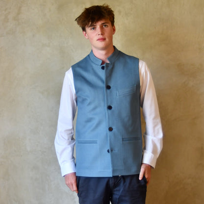 Tailored Cut Nehru Style Gilet in pure Merino Doeskin. Bespoke Sizing. Handmade in London. Full Length buttoned up shot.
