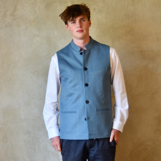 Tailored Cut Nehru Style Gilet in pure Merino Doeskin. Bespoke Sizing. Handmade in London. Full Length buttoned up shot.