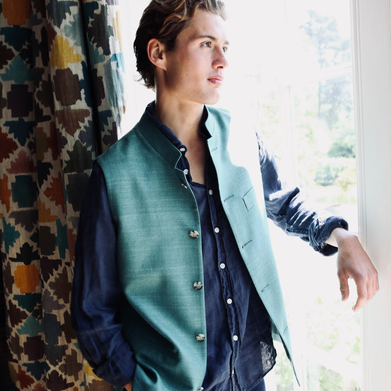 Emerald Green Silk Matka Gilet. Handmade in London. Lined in Pure Cotton Ticking.