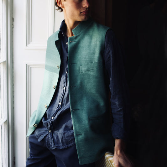 Classic Cut Waistcoat in Emerald Green Silk Matka