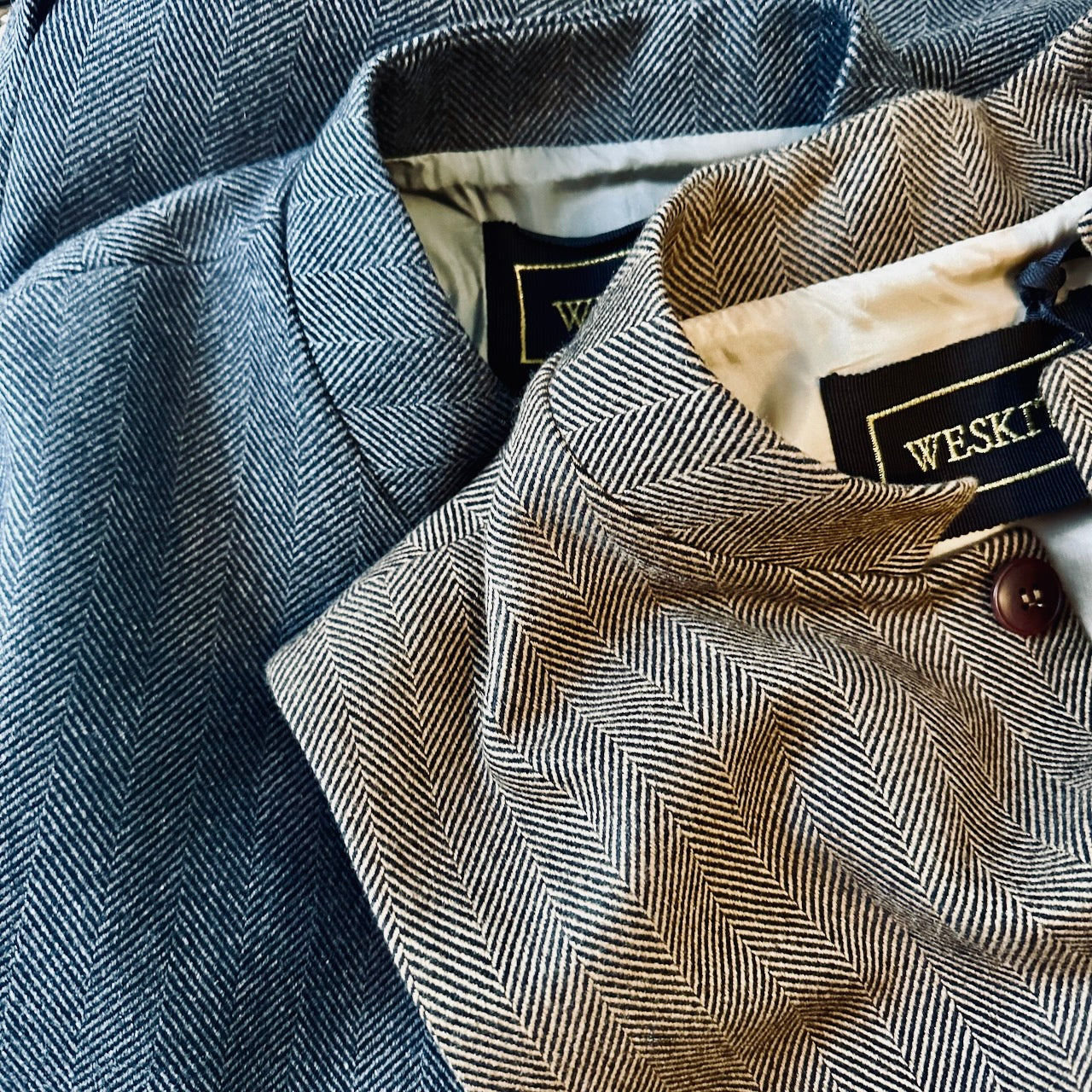 Deep herringbone cashmere mix flannel gilets. Shown in Brown-Black and Charcoal.