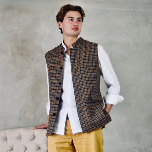 44" Tailored Cut Waistcoat in Brown and Green Fox Brothers GunClub Check Tweed