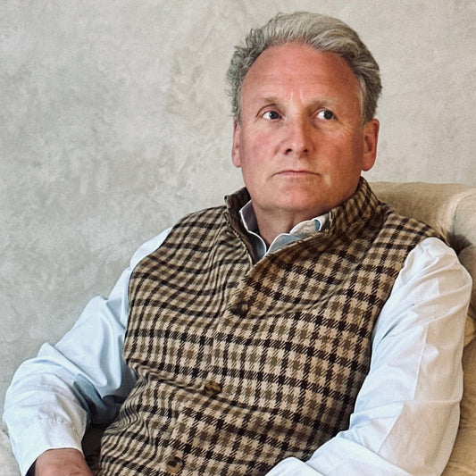 Nehru Style Gilet in Fox Flannel gunclub check in brown. Pure merino flannel gilet. Woven in Somerset. Handmade in London. Entirely made in Great Britain.