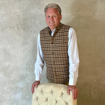 Gilet in Fox Flannel gunclub check in brown. Pure merino flannel gilet. Woven in Somerset. Handmade in London. Entirely made in Great Britain.