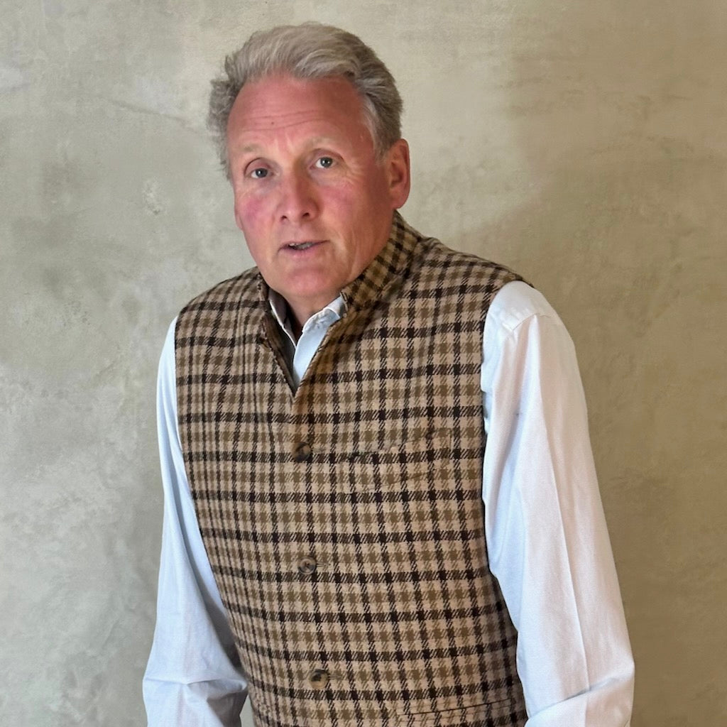Gilet in Fox Flannel gunclub check in brown. Pure merino flannel gilet. Woven in Somerset. Handmade in London. Entirely made in Great Britain.