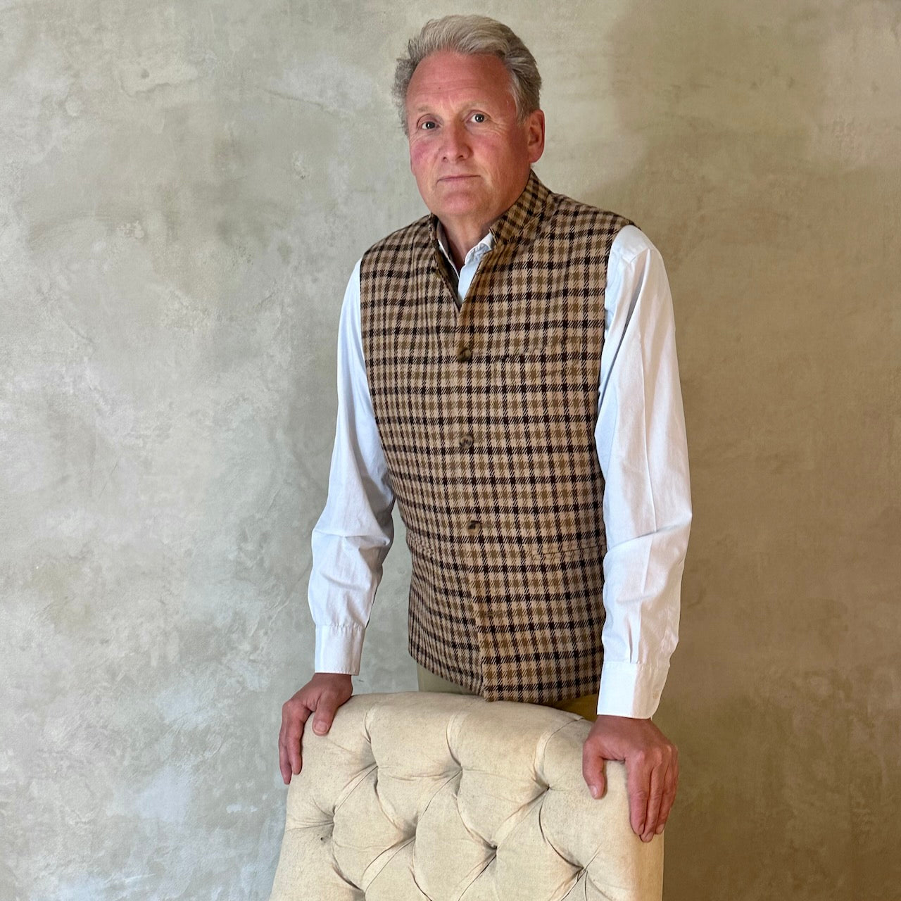 Gilet in Fox Flannel gunclub check in brown. Pure merino flannel gilet. Woven in Somerset. Handmade in London. Entirely made in Great Britain.