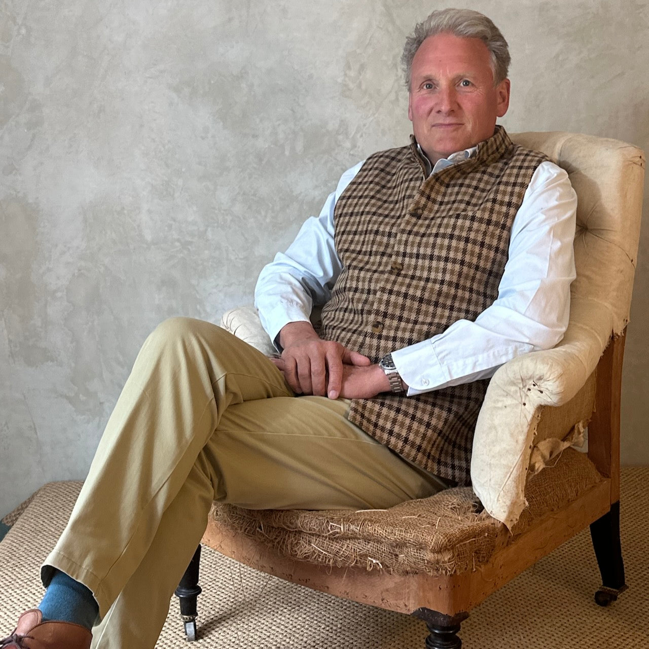 Gilet in Fox Flannel gunclub check in brown. Pure merino flannel gilet. Woven in Somerset. Handmade in London. Entirely made in Great Britain.