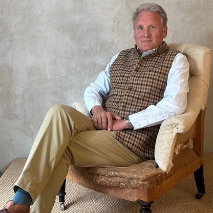 Gilet in Fox Flannel gunclub check in brown. Pure merino flannel gilet. Woven in Somerset. Handmade in London. Entirely made in Great Britain.