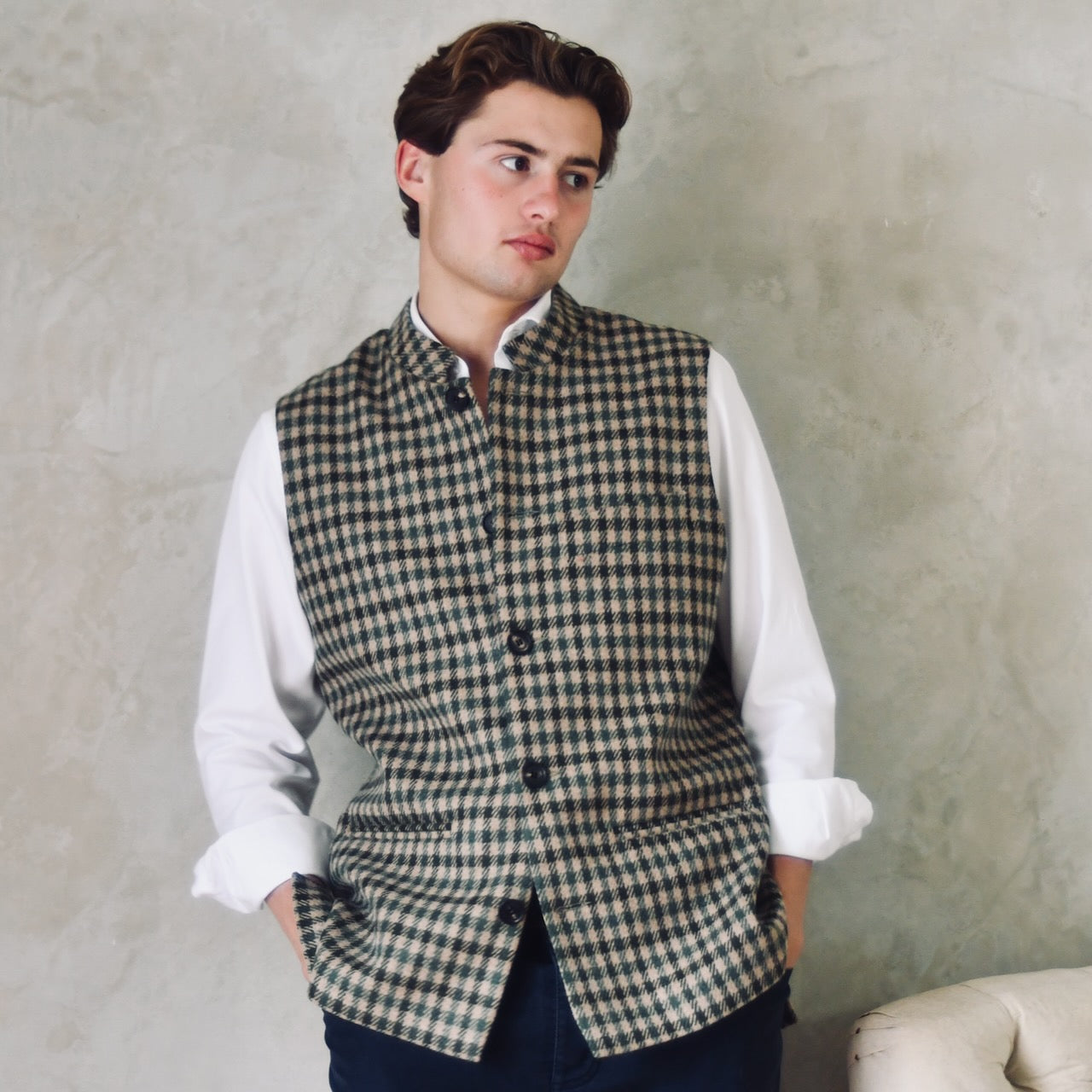 A magnificent and truly luxurious Nehru-Style Gilet in Fox Brothers Green GunClub Check Flannel. Woven in Somerset and Handmade in London, this is the ultimate statement gilet and the top notch in British-made luxury.