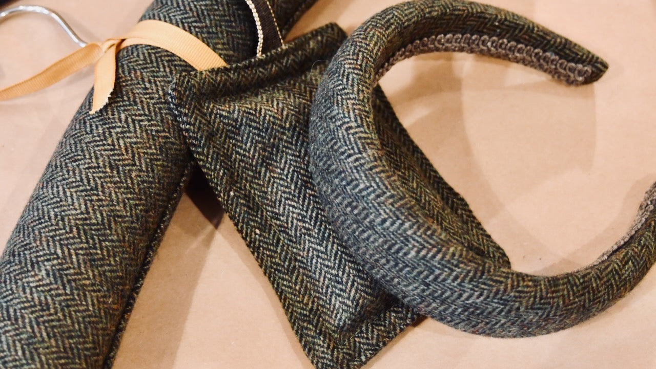 Handmade Tweed Padded Hanger, Hairband and Lavender Bag. Made from Cut-offs from Weskit Gilets. Handmade in Great Britain. Zero Waste Making.