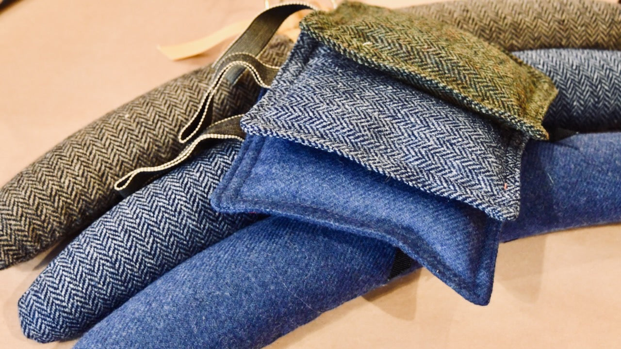 Handmade Tweed Padded Hangers and Lavender Bags. Made from Cut-offs from Weskit Gilets. Handmade in Great Britain. Zero Waste Making.