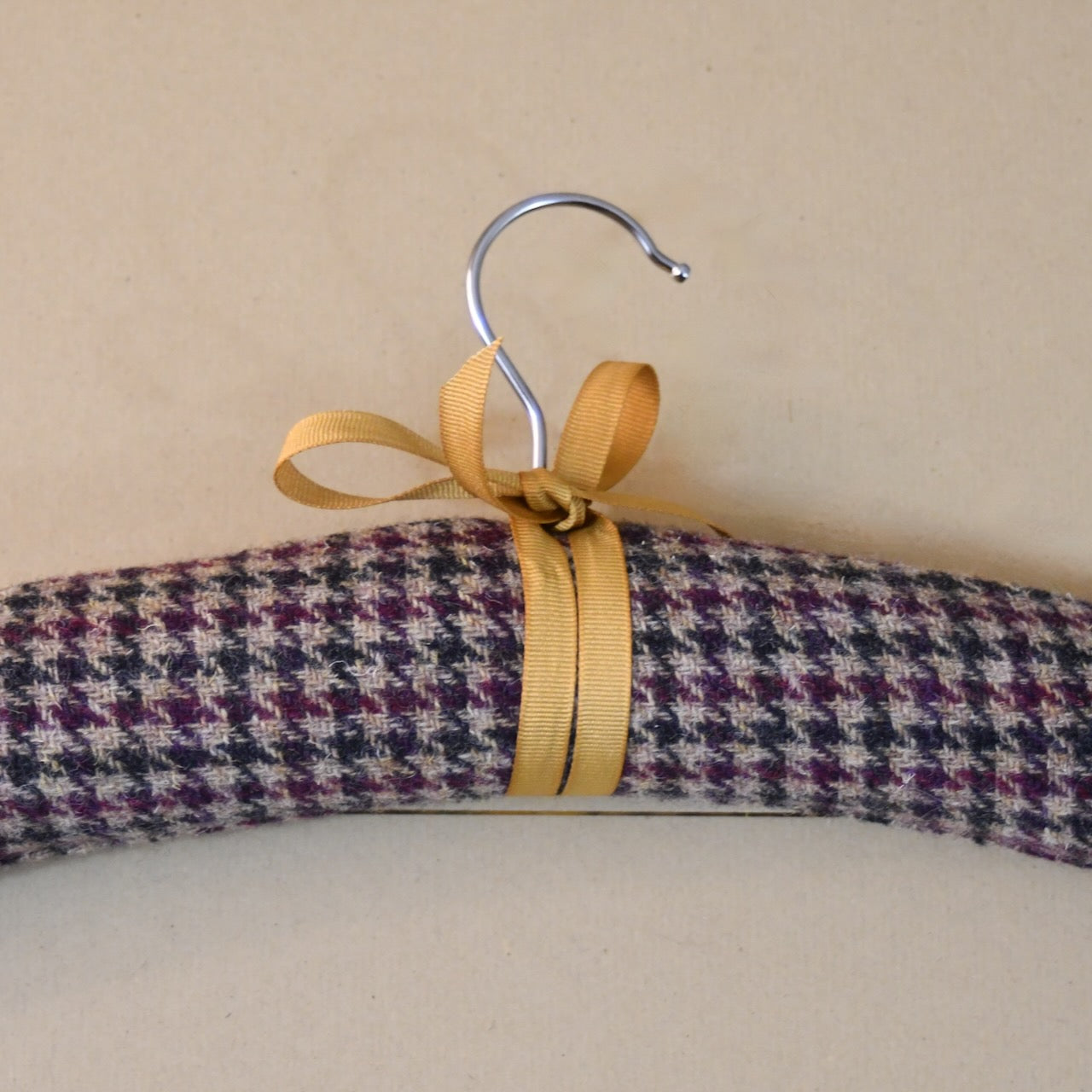 Bespoke Padded Hanger in Lovat Check Tweed in Camel. Handmade in Wales. 