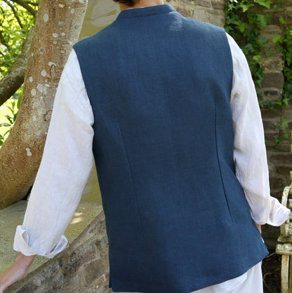 Tailored Cut Waistcoat in Indigo Heavier-Weight Irish Linen