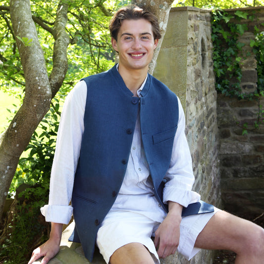 46" Classic Cut Waistcoat in Indigo Heavier-Weight Irish Linen