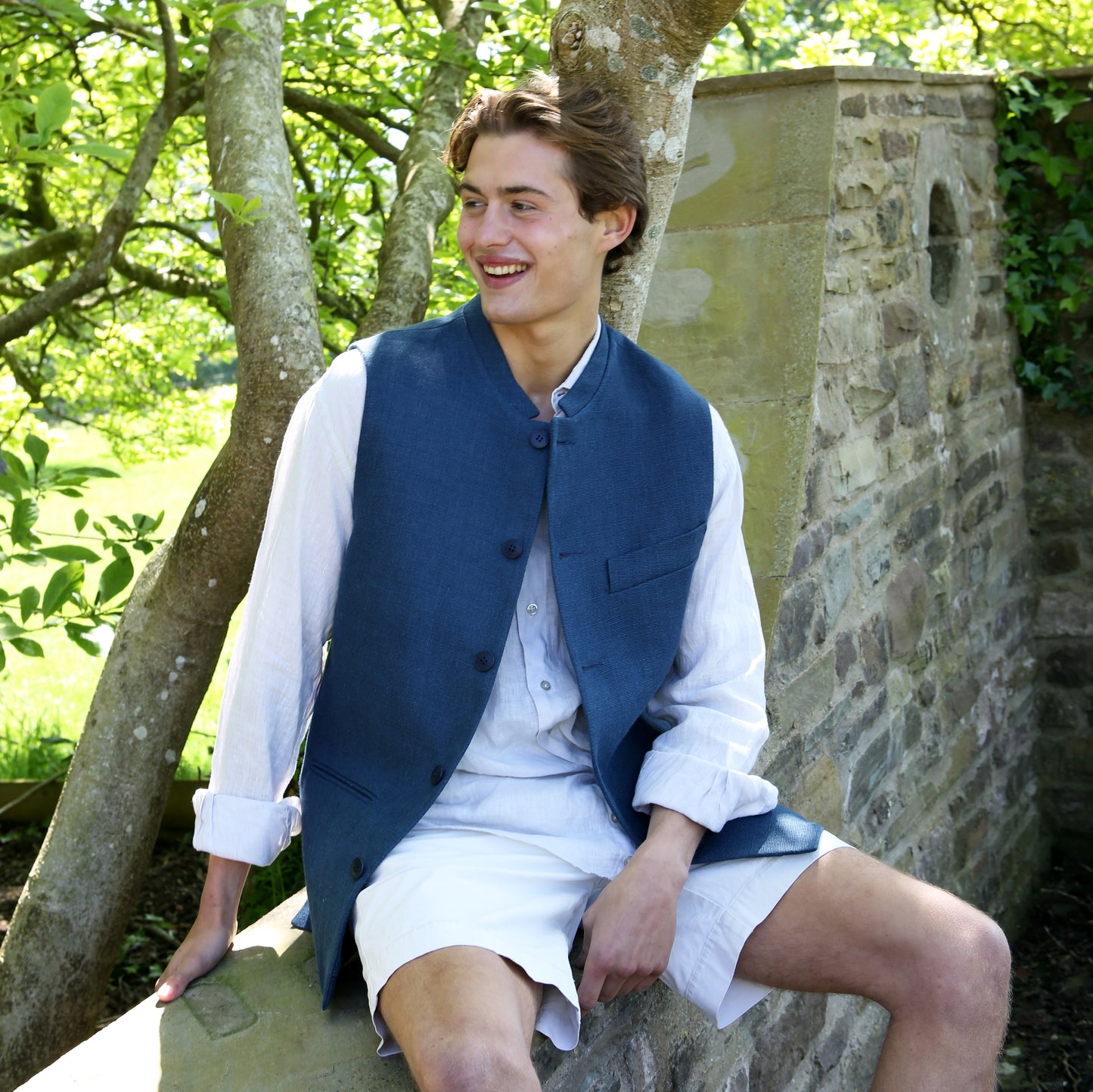 Tailored Cut Waistcoat in Indigo Heavier-Weight Irish Linen