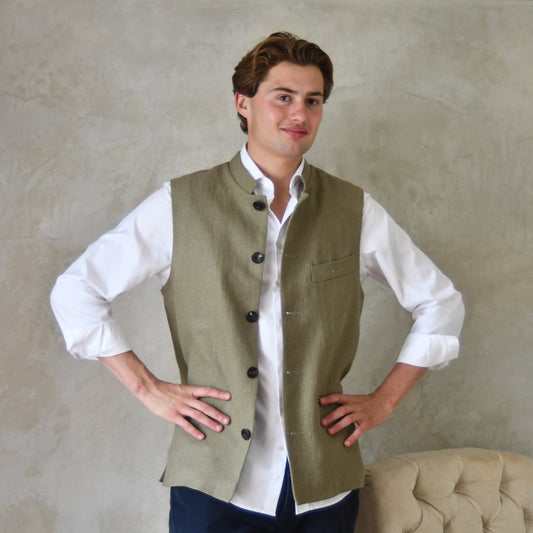 Classic Cut Waistcoat in Khaki Mid-Weight Irish Linen