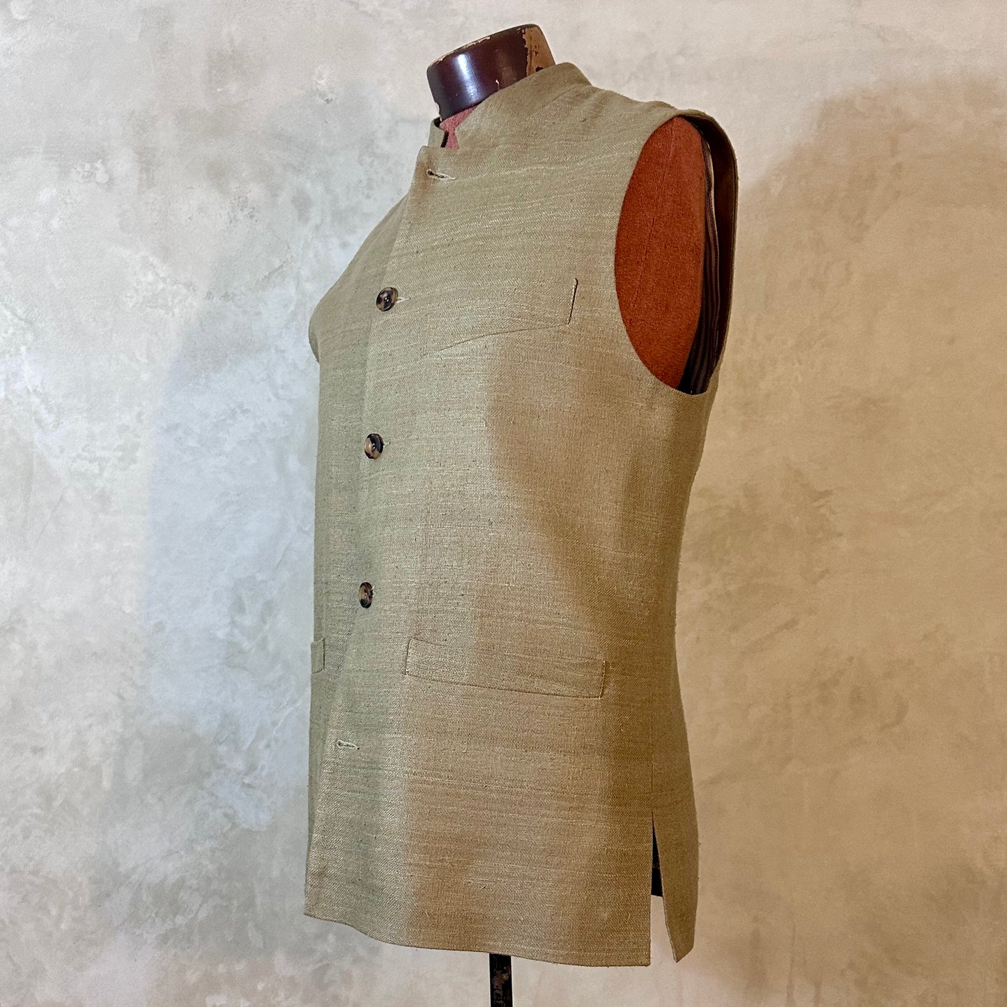 Tailored Cut Waistcoat in Khaki Silk Matka