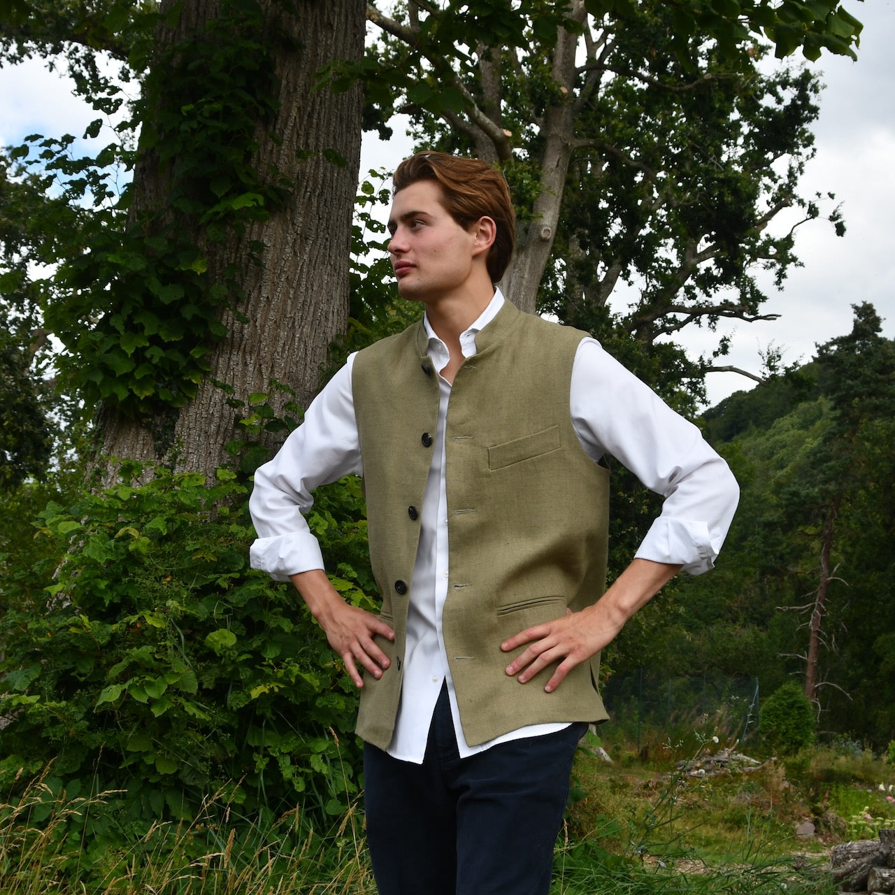 Tailored Cut Waistcoat in Khaki Mid-Weight Irish Linen