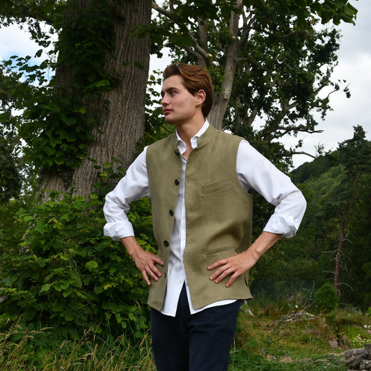 Tailored Cut Waistcoat in Khaki Mid-Weight Irish Linen
