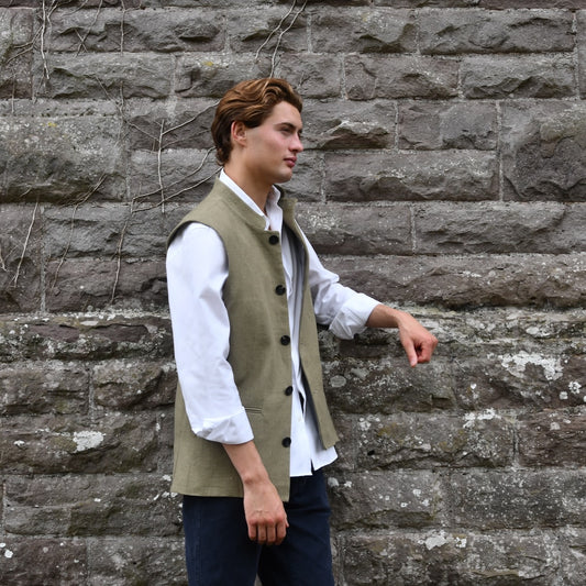 Tailored Cut Waistcoat in Khaki Mid-Weight Irish Linen